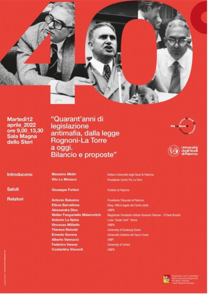 Palermo 12 aprile: “Quarant’anni di legislazione antimafia, dalla legge Rognoni-La Torre a oggi”