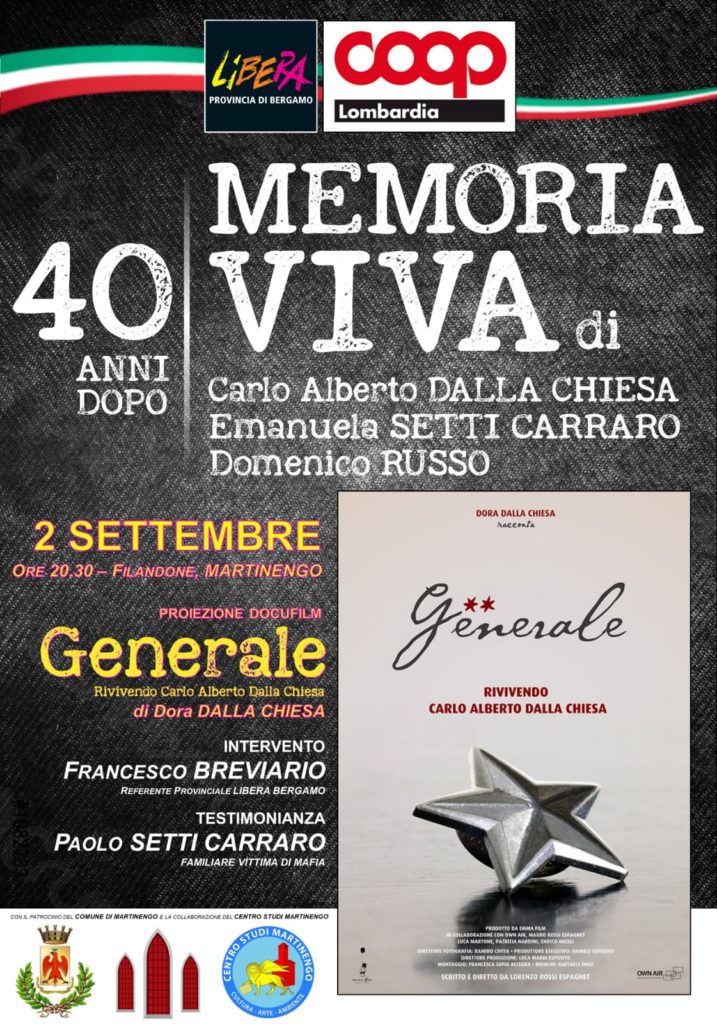 Martinengo (BG) 2/9: “Memoria viva di Carlo Alberto dalla Chiesa, Emanuela Setti Carraro, Domenico Russo”