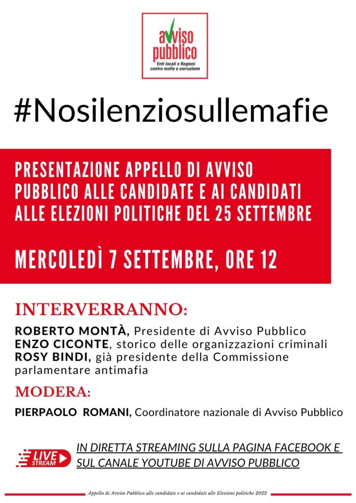 #Nosilenziosullemafie: appello di Avviso Pubblico per le elezioni politiche del 25 settembre