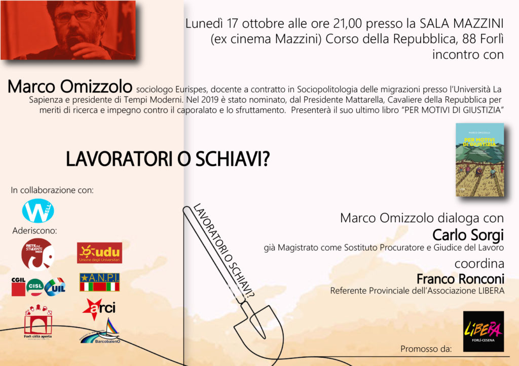 Forlì 17 ottobre: “Lavoratori o schiavi?”, incontro con Marco Omizzolo
