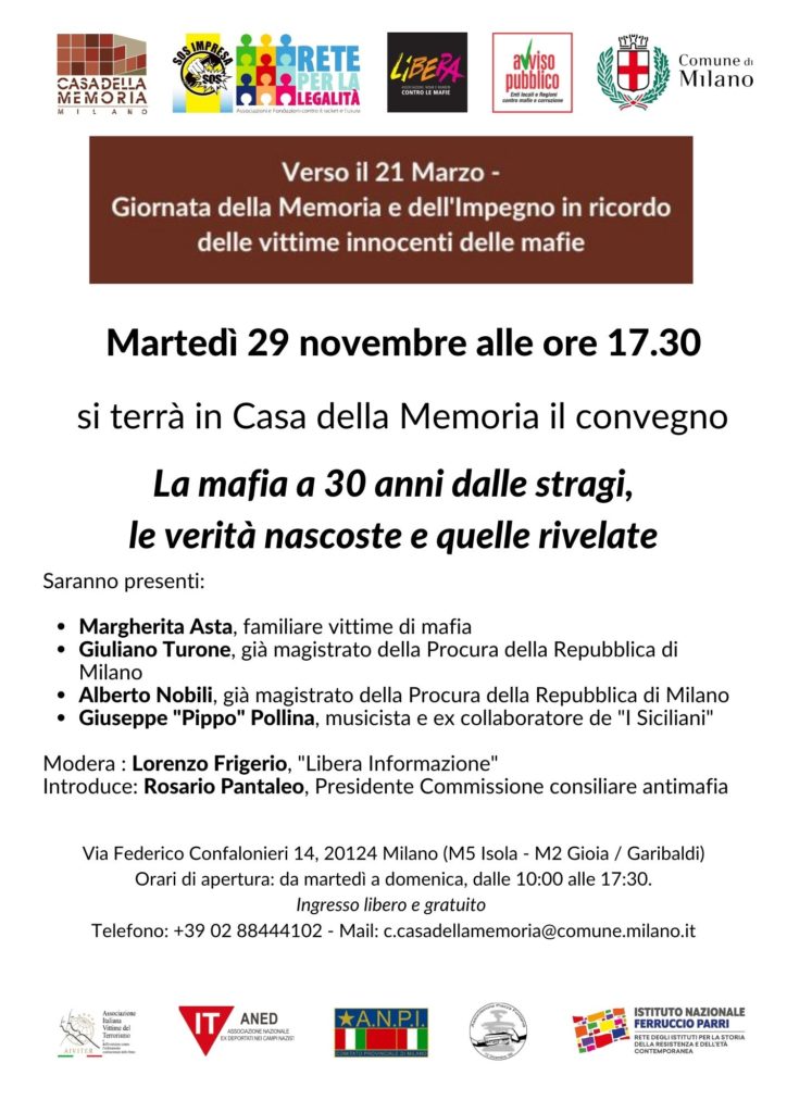 Milano 29 novembre: “La mafia a trent’anni dalle stragi, le verità nascoste e quelle rivelate”