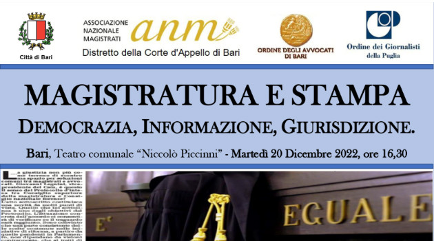 Anm Bari, martedì 20/12 convegno “Magistratura e Stampa”