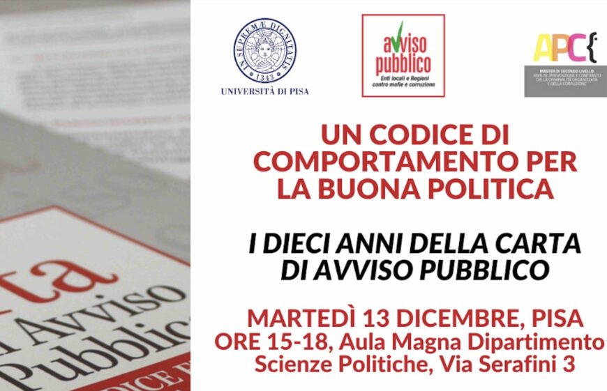 I dieci anni della Carta di Avviso Pubblico: il 13 dicembre un convegno all’Università di Pisa