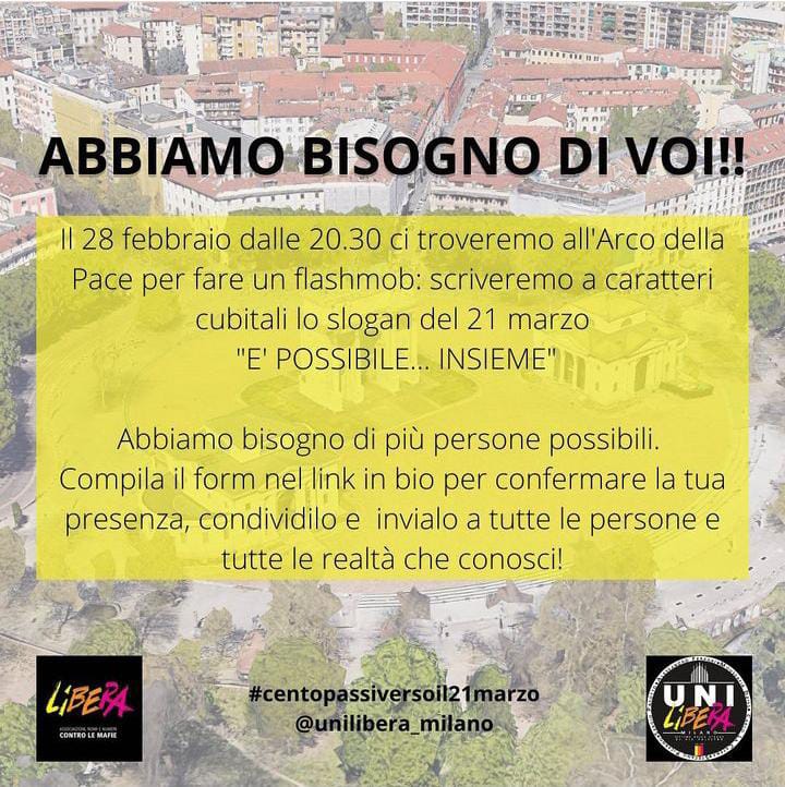 Milano 28 febbraio: “È possibile insieme”, flashmob all’Arco della Pace