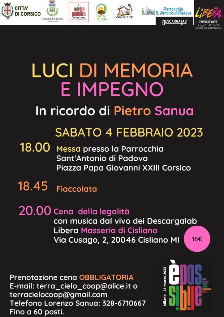Corsico 4 febbraio: “Luci di memoria e impegno in ricordo di Pietro Sanua”