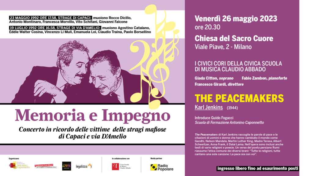 “Memoria e impegno”. Concerto in memoria delle vittime delle stragi mafiose di Capaci e via D’Amelio