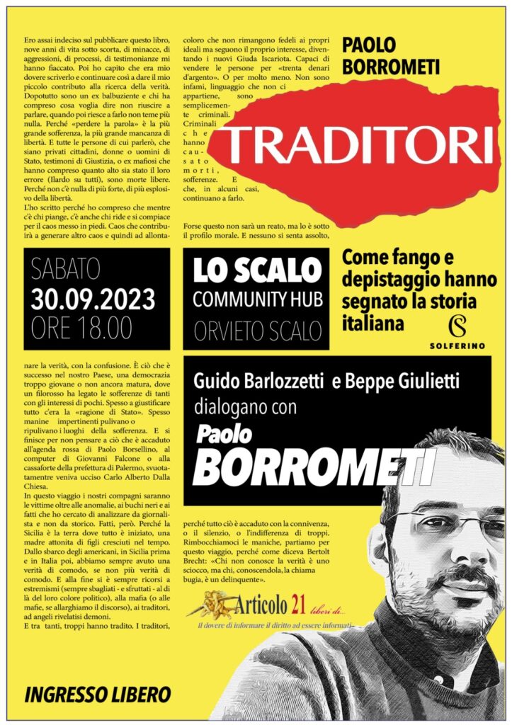 Ad Orvieto (TR) il 30 settembre la presentazione di “Traditori”, il libro di Paolo Borrometi