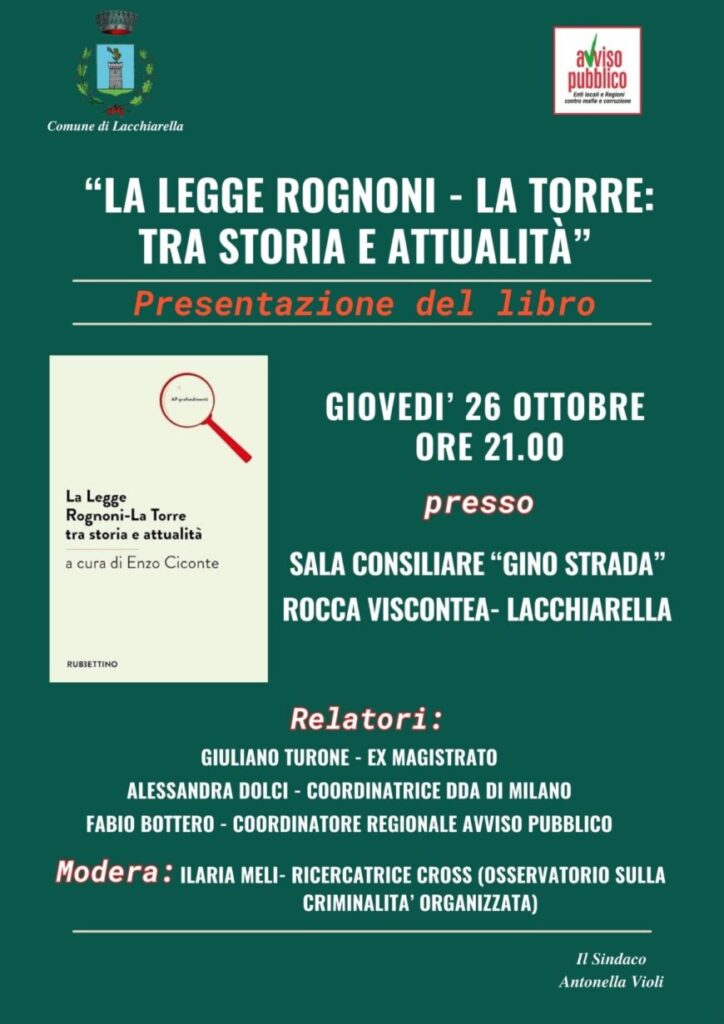 “La legge Rognoni-La Torre”: il 26 ottobre a Lacchiarella (MI) la presentazione del libro