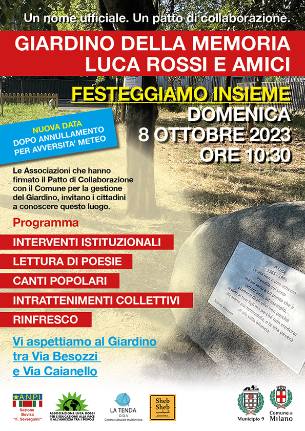 Domenica 8/10, a Milano si inaugura il “Giardino della Memoria Luca Rossi e Amici”