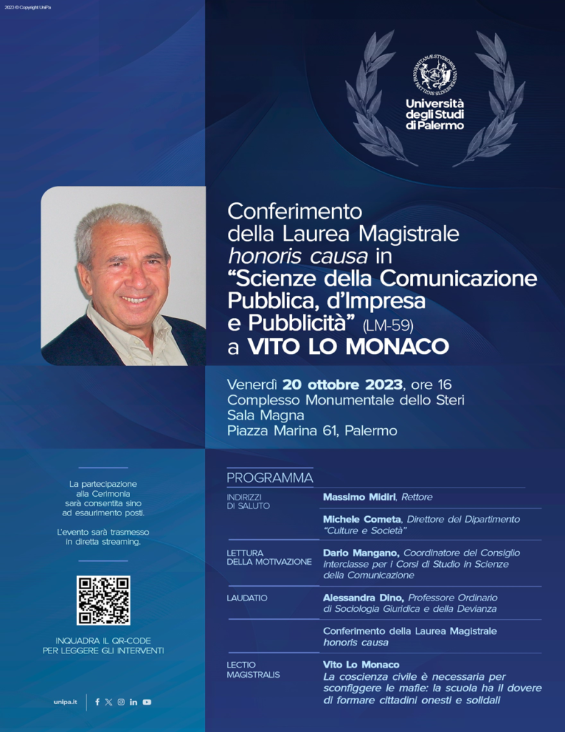 Palermo 20 ottobre, conferimento della Laurea Magistrale honoris causa a Vito Lo Monaco