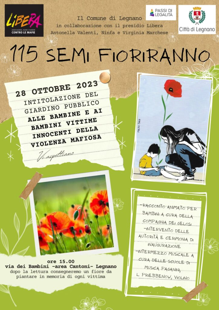 Legnano (MI) sabato 28/10: intitolazione di un giardino pubblico “alle bambine e ai bambini vittime innocenti della violenza mafiosa”