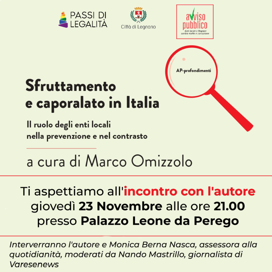 Sfruttamento e caporalato: il 23 novembre, a Legnano (MI), la presentazione del monografico di Avviso Pubblico