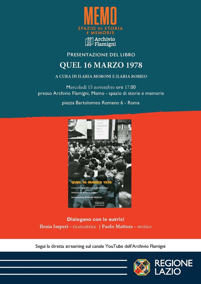 Roma mercoledì 15/11: Memo presenta “Quel 16 marzo 1978” di Ilaria Moroni e Ilaria Romeo