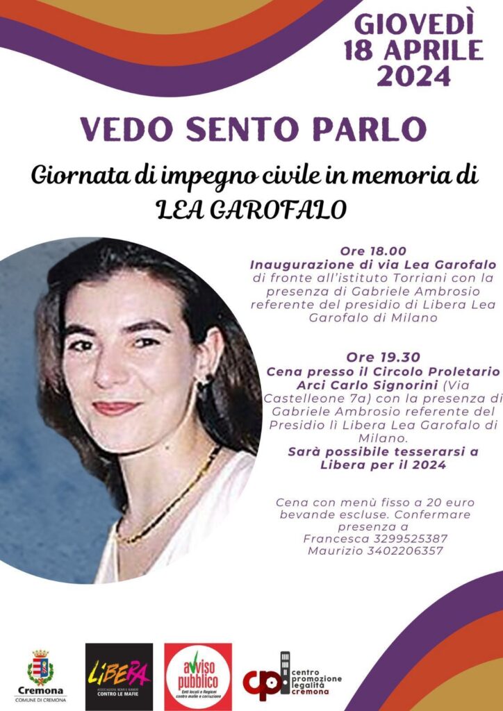 Cremona 18/4, Giornata di impegno civile in memoria di Lea Garofalo