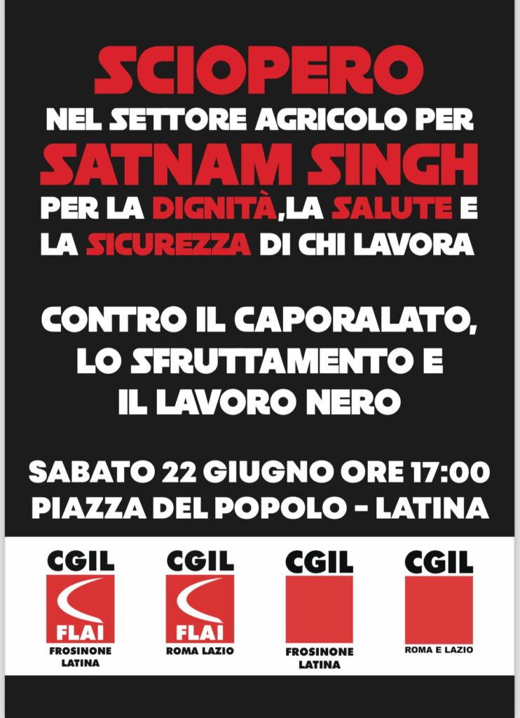 Il 22 giugno a Latina sciopero e manifestazione per Satnam Singh