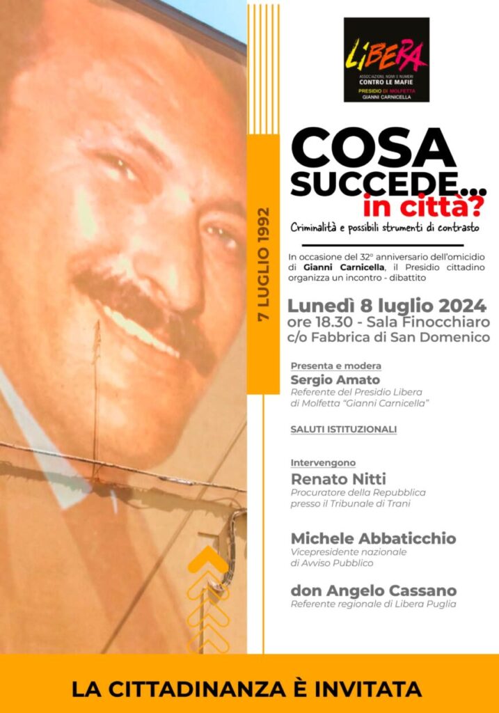 Criminalità e strumenti di contrasto, incontro l’8 luglio a Molfetta (BA)