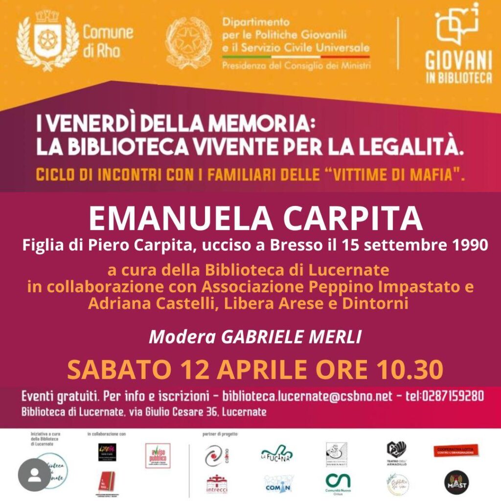 Rho (MI) sabato 12 aprile, incontro con Emanuela Carpita, familiare di vittima innocente di mafia