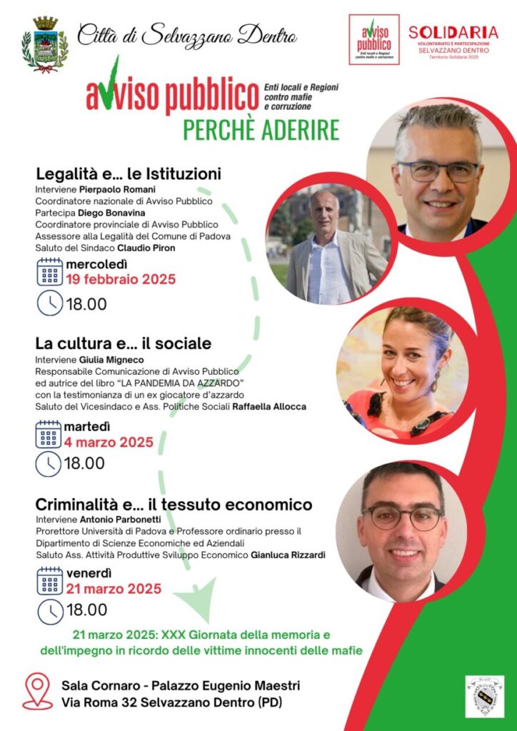 “Perchè aderire ad Avviso Pubblico”, dal 19 febbraio al 21 marzo a Salvazzano Dentro (PD)
