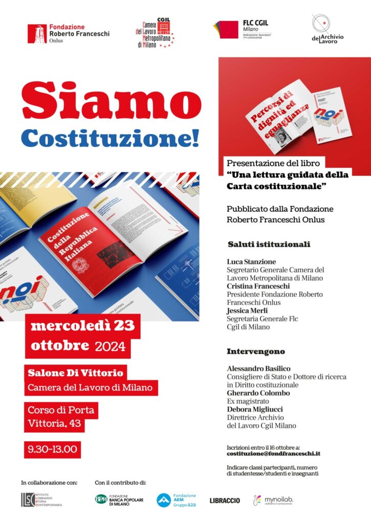 “Una lettura guidata della Carta costituzionale”, mercoledì 23 ottobre Camera del Lavoro di Milano