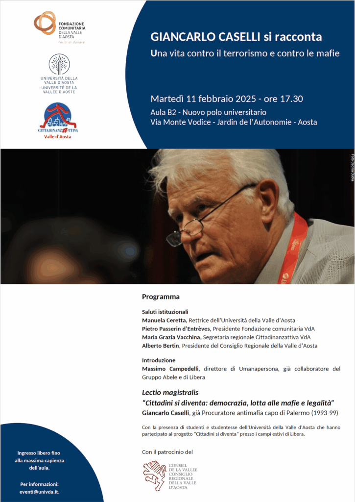 “Cittadini si diventa”, l’ex procuratore Gian Carlo Caselli si racconta ad Aosta