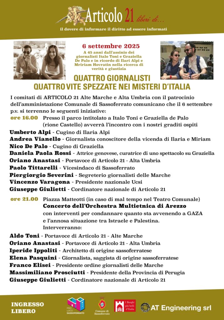 Sassoferrato (AN) ricorda Italo Toni, Graziella De Palo, Ilaria Alpi e Miran Hrovatin