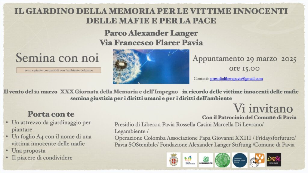 A Pavia nasce “Il giardino della memoria per le vittime innocenti delle mafie e per la pace”