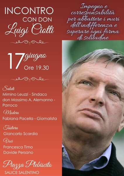 Don Luigi Ciotti ospite a Salice Salentino (LE): incontro con la comunità in piazza