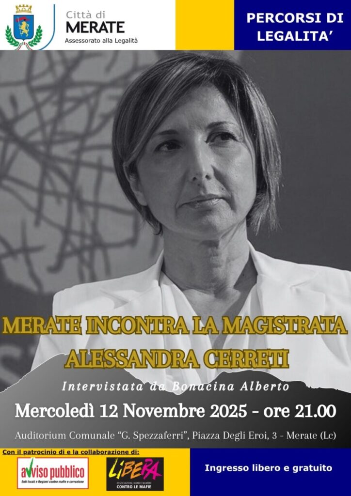Mercoledì 12 novembre: “Merate incontra la magistrata Alessandra Cerreti”