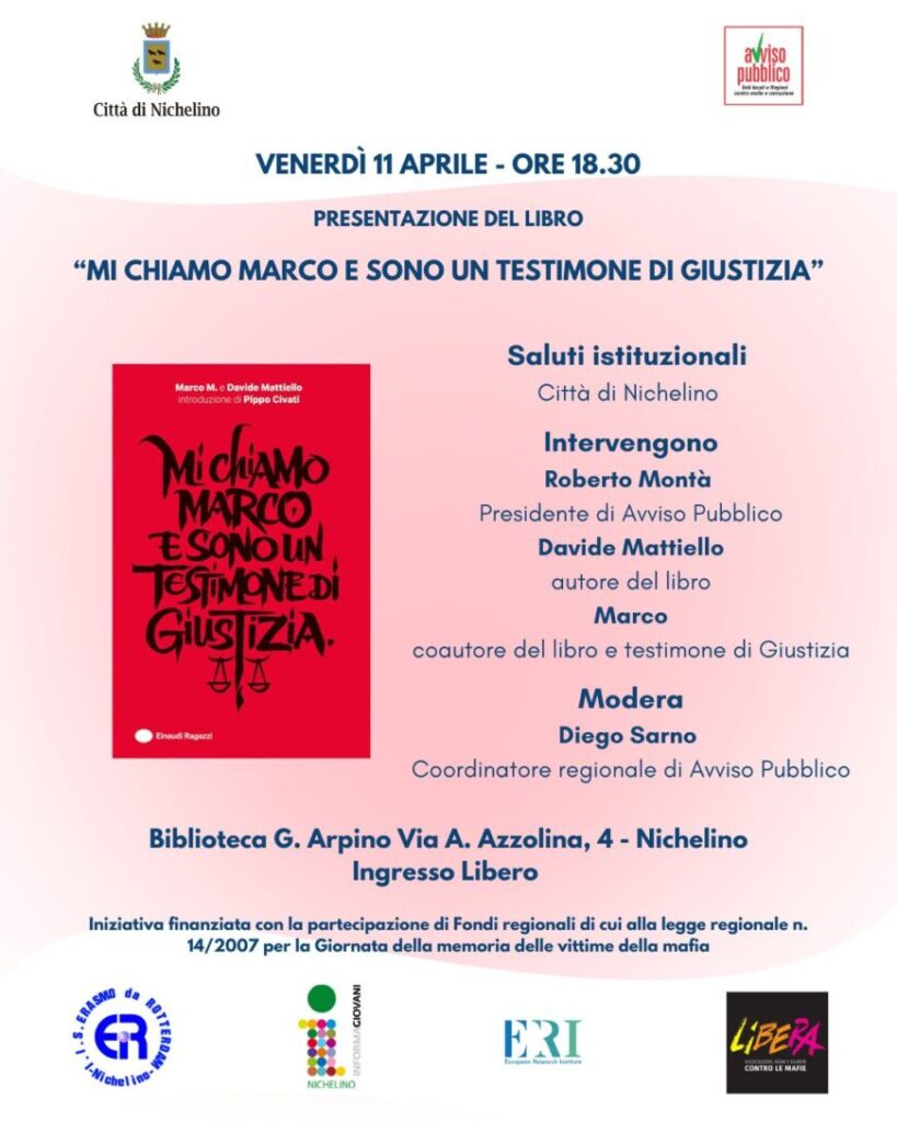 Nichelino (TO) 11 aprile, presentazione del libro “Mi chiamo Marco e sono un testimone di giustizia”