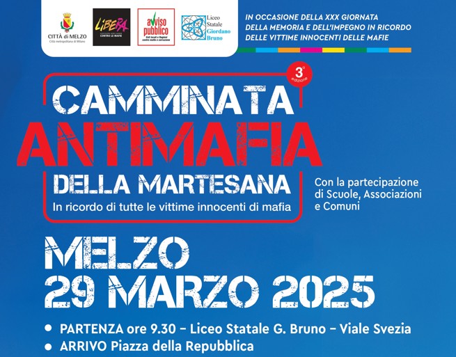 A Melzo (MI) sabato 29 marzo la terza edizione della Camminata antimafia della Martesana