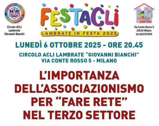 “L’importanza dell’associazionismo per “fare rete” nel terzo settore”, Milano 6 ottobre