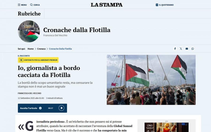 Giornalista della Stampa: «Cacciata da Flotilla». Fnsi: «Una ferita all’informazione»
