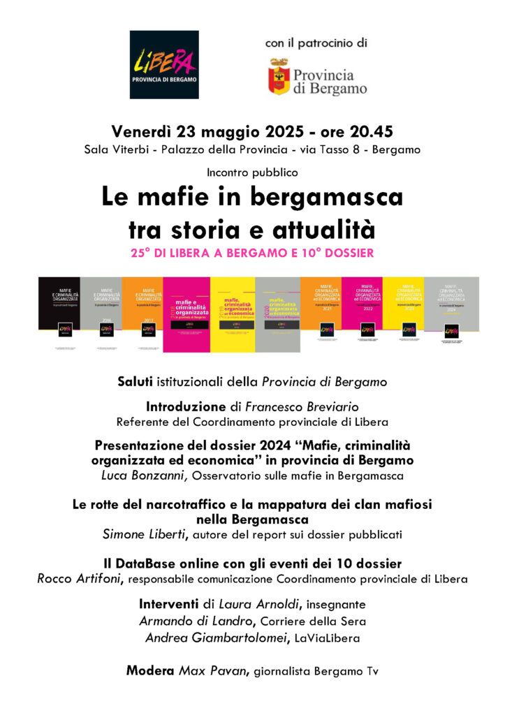 Libera Bergamo, il 23 maggio la presentazione del Dossier 2024 e del nuovo database online