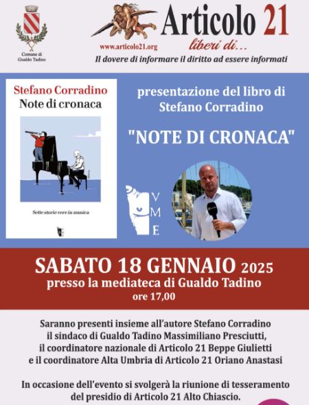 “Note di cronaca”, oggi a Gualdo Tadino (PG) la presentazione del libro di Stefano Corradino