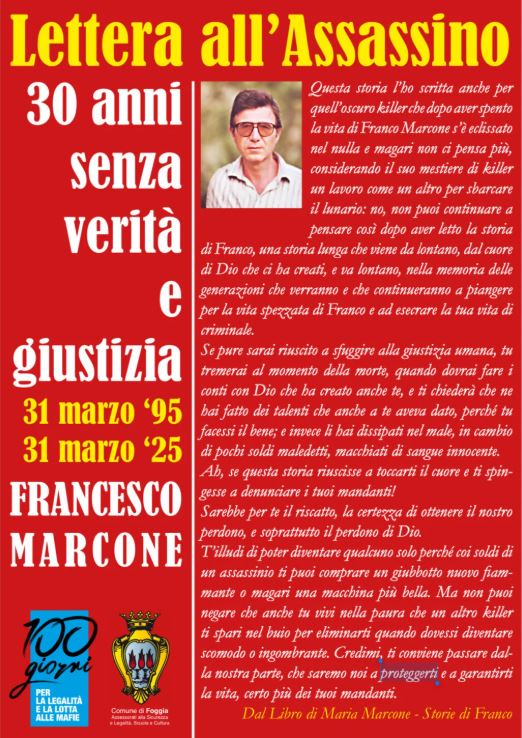 Foggia, affissione in tutta la città della Lettera aperta all’assassino di Francesco Marcone