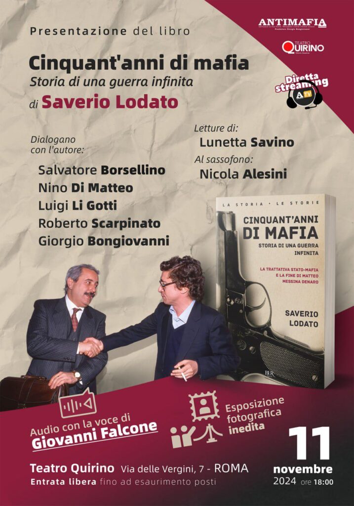 Roma, 11 novembre, presentazione del libro “Cinquant’anni di mafia” di Saverio Lodato