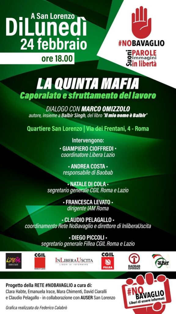 Roma 24 febbraio: “La quinta mafia, caporalato e sfruttamento dei braccianti”