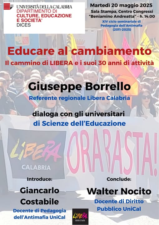 Università della Calabria: a Pedagogia dell’Antimafia incontro per i 30 anni di Libera