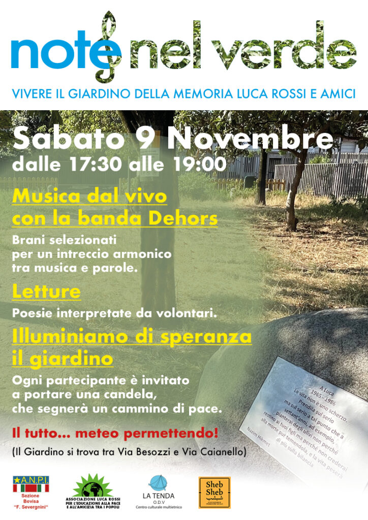 Milano sabato 9 novembre, “Note nel verde” al Giardino della Memoria “Luca Rossi ed Amici”