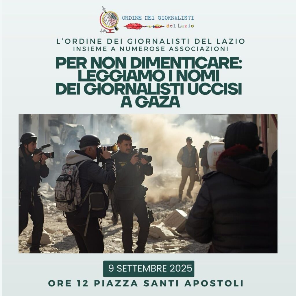 Roma, 9 settembre. Leggiamo i nomi di tutti i giornalisti uccisi a Gaza. Per dire basta alla strage