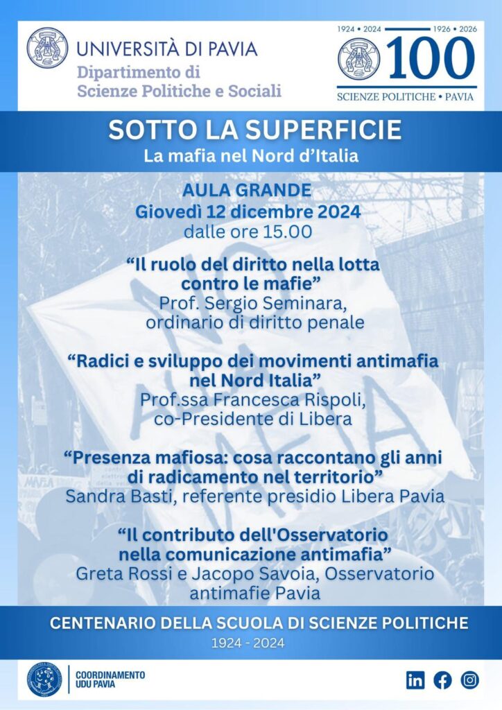 “Sotto la superficie: la mafia nel Nord Italia”. Università di Pavia 12 dicembre