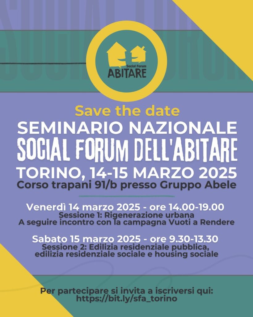 A Torino il Social Forum nazionale dell’abitare. Appuntamento il 14 e 15 marzo al Gruppo Abele