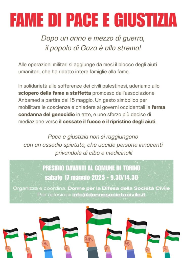 Sciopero della fame per Gaza, appuntamento a Torino sabato 17 maggio